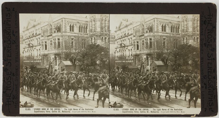 'Sturdy Sons of the Empire, The Light Horse of the Australian Expeditionary Force', Collins Street, Melbourne, Victoria, 1914