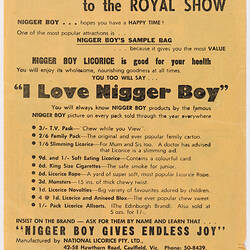 Advertisement - Nigger Boy Licorice, National Licorice Pty Ltd, circa 1950s-1960s