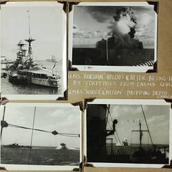 Four photos, military ship, explosion and smoke on water and underwater explosion near ship.