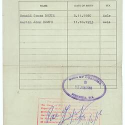 Document of Identity - Issued to Ronald & Joan Booth, Department of Immigration, 27 Apr 1956