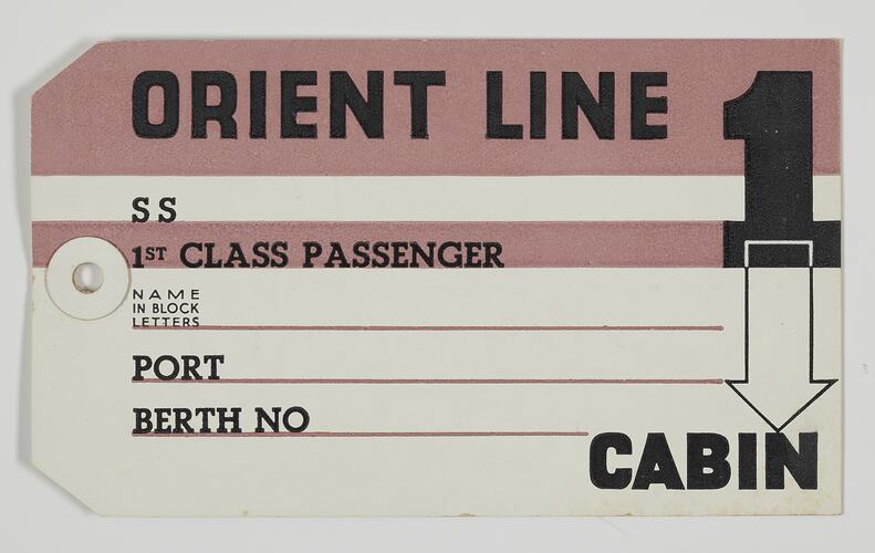 Baggage Label -Orient Line 1, S.S. 1st Class Passenger, Cabin, Rectangular, Fawn, circa 1930s
