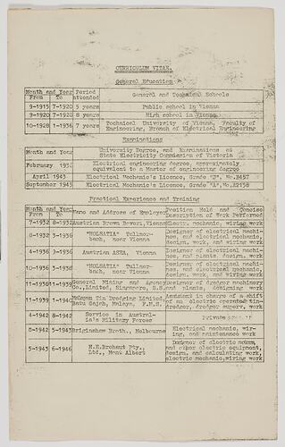Resume - Herbert Kann, Education & Employment, circa 1946