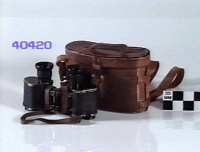 Binoculars next to leather case.