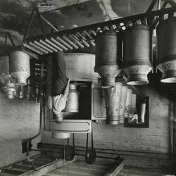 Photograph - Schumacher Mill Furnishing Works, Factory Interior with Milk Cans, Port Melbourne, Victoria, circa 1940s