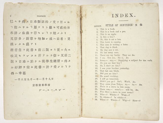 Opening pages of 1892 English/Japanese dictionary