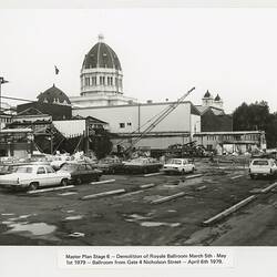 Demolition of Royale Ballroom from Gate 4 Nicholson Street, Exhibition Building, Melbourne, 1979