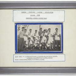 Frame photograph of soccer team. Text above and players' names listed below.
