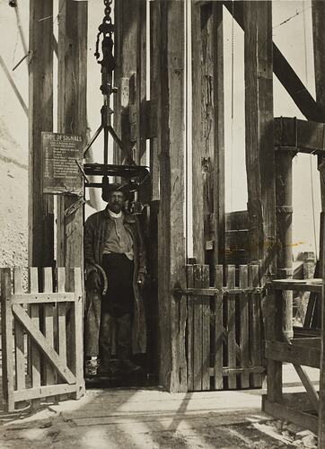 Photograph - Miner in Winding Cage at Top of Mine Shaft at the Berringa Mine, Berringa, Victoria, circa 1900