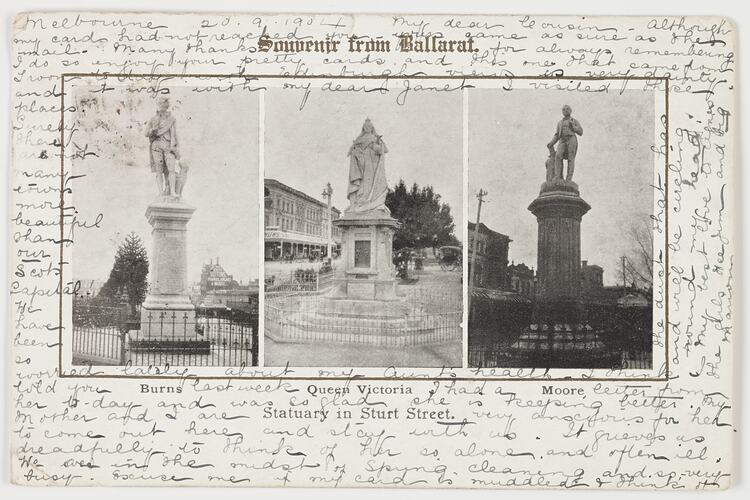 Postcard - Souvenir from Ballarat, 'Statuary in Stewart Street', To J.B. Scott from Marion Flinn, Melbourne, 20 Sep 1904