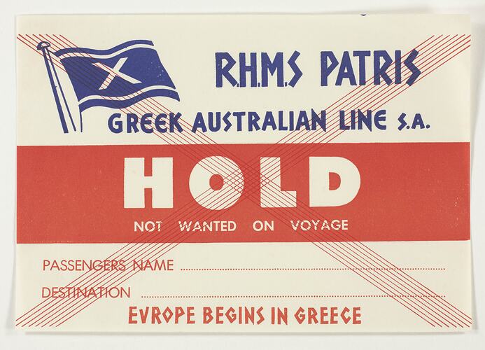Baggage Label - Greek Australian Line, RHMS Patris, Hold.