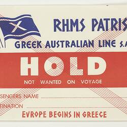 Baggage Label - Greek Australian Line, RHMS Patris, Hold, circa 1959