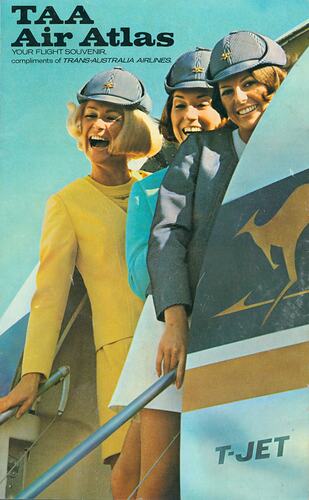 Trans-Australia Airlines brochure titled, "TAA Air Atlas" showing 3 smiling women leaning out of plane.