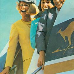 Trans-Australia Airlines brochure titled, "TAA Air Atlas" showing 3 smiling women leaning out of plane.
