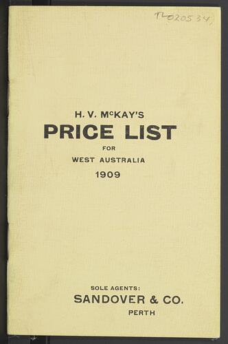 Price List - H.V. McKay, West Australia, 1909