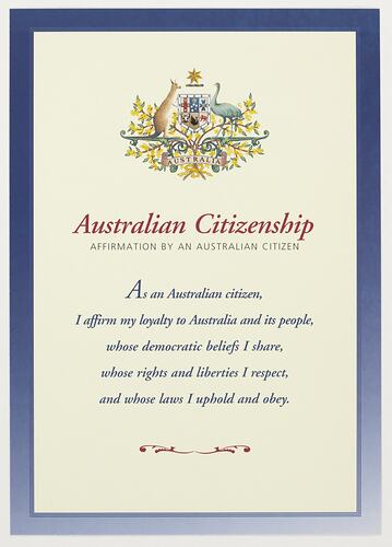 Certificate - Affirmation of Citizenship, Australian Citizenship Affirmation Pack, Department of Immigration