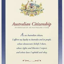 Certificate - Affirmation of Citizenship, Australian Citizenship Affirmation Pack, Department of Immigration