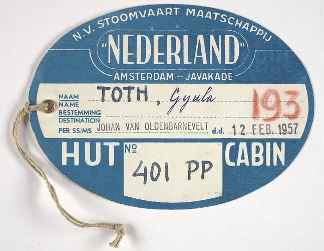 Baggage Label - Issued to Gyula Toth, Johan Van Oldenbarnevelt