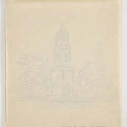 Open book page, with tracing paper above faint outlines of drawing of a clock tower below.