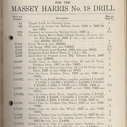 Parts List - H.V. McKay Massey Harris, 'No. 18 Cultivating Drill', 1934