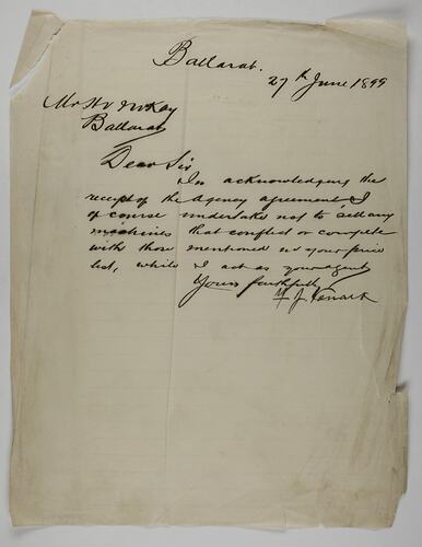 Letter - Unknown Agent, to H. V. McKay, Receipt of Agency Agreement, 27 Jun 1899