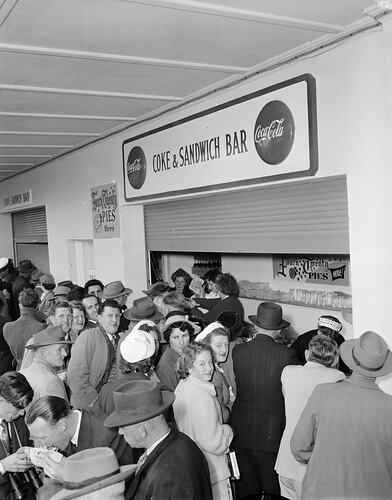 Coca-Cola, People at a 'Coke & Sandwich Bar', Flemington Racecourse, Flemington, Victoria, Nov 1954
