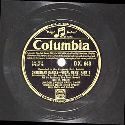 Disc Recording - Columbia, "Christmas Carols - Vocal Gems, parts 1 and 2", London Church Carol Choir, 1934