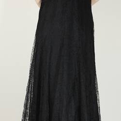 Back view, black, lace, floor length, floral dress.