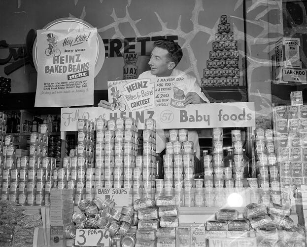 H. J. Heinz Co Pty Ltd, Man with Product Display, Melbourne, Victoria, Aug 1957