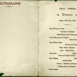 Printed menu with blank autographs section