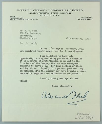 Letter - 'Imperial Chemical Industries Limited', London UK, 18 Feb 1960