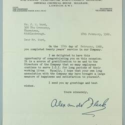 Letter - 'Imperial Chemical Industries Limited', London UK, 18 Feb 1960