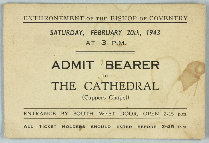 Ticket - Enthronement of Bishop of Coventry, England, 20 Feb 1943