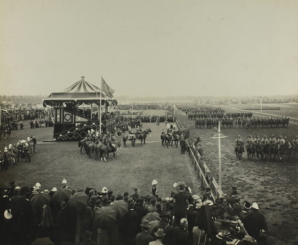 Photograph - Federation Celebrations, 'The Royal Review at Flemington Racecourse, Mounted Rifles Marching Past', Melbourne, May 1901