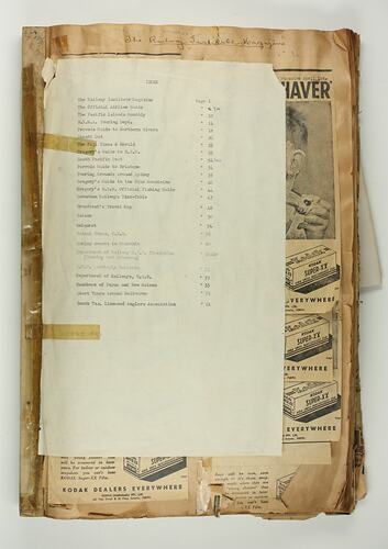 Scrapbook - Kodak Australasia Pty Ltd, Advertising Clippings, 'Travel, Islands, Rail Etc.', Coburg, 1955-1959