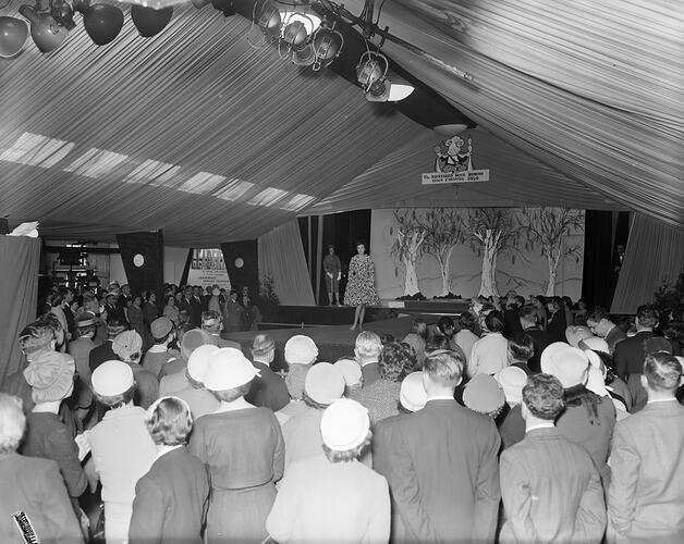 Australian Wool Board, Woman on a Catwalk, Royal Melbourne Show, Flemington, Victoria, 18 Sep 1959