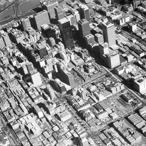 Monochrome aerial photograph of Melbourne.