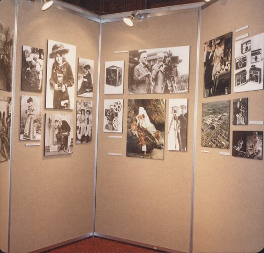 Photograph exhibition on carpet board panels.