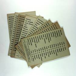Sheaf of game cards printed with railway station names