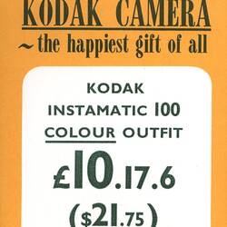 Price Ticket - 'Kodak Instamatic 100 Colour Outfit', circa 1966