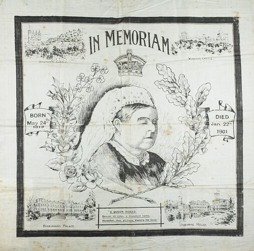 Square white cloth with black printed image of Queen Victoria and text.