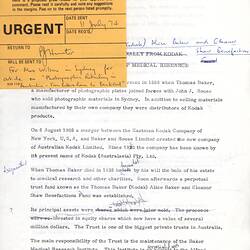 Press Release - Draft, Kodak Australasia Pty Ltd, 'Thomas Baker (Kodak), Alice Baker and Eleanor Shaw Benefacting', 11 Jul 1974