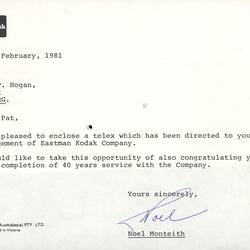 Telegram - Eastman Kodak Co to Pat Hogan, Congratulations for Long Service, 25 Feb 1981