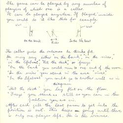 Document - Eric Spry, to Dorothy Howard, Description of Elimination Game 'Into the River', circa Mar 1955