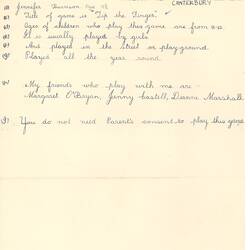 Document - Jennifer Harrison, Addressed to Dorothy Howard, Description of Hiding Game 'Tip the Finger', 1954-1955