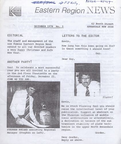 Typed black and white newsletter, stapled top left.