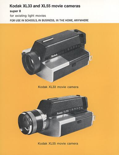 Printed text and two photographs of movie cameras.