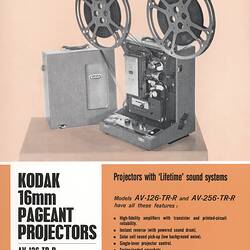 Printed text and photograph of movie projector.