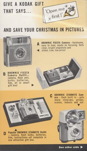 Flyer with printed text and photographs of camera.