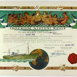 Certificate - 'Crossing the Equator', Gerda Lischke, MS Skaubryn, 18 Dec 1955
