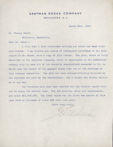 Letter - George Eastman to Thomas Baker, 23 Mar 1912